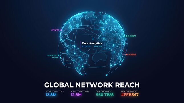 Global network reach data analytics visualization, digital earth globe with connection points, futuristic blue technology interface