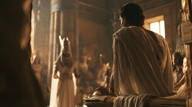 Man in white robe facing away from camera, seated on a throne, looking at a king in a grand hall, ancient architecture, royalty, court, audience, power, respect, historical drama, fantasy setting