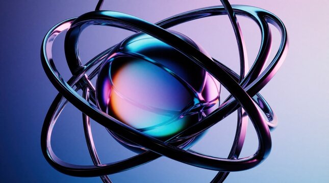 Abstract 3D render of glowing iridescent sphere surrounded by metallic rings. Shiny chrome orbits swirl around colorful orb with rainbow light effects. Futuristic digital art shows cosmic energy,