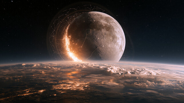 Mid-Autumn cognition enlightenment concept, ancient moon crack revealing rational scientific light, constellation counting rod halo rising, divinity to human knowledge, cultural evolution education po