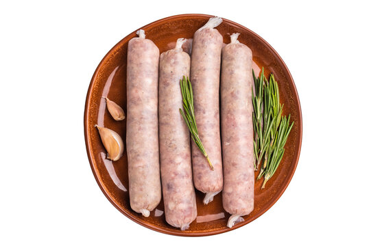 Raw Sausages with forcemeat mincemeat with herbs in plate isolated on white background. top view