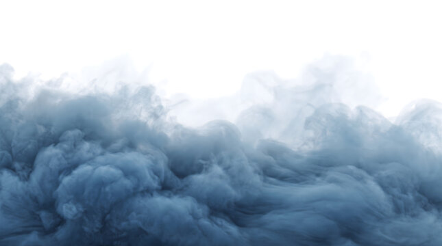 Slate blue smoke billows and rolls across the frame forming a soft cloud saved as a PNG with isolated transparent background