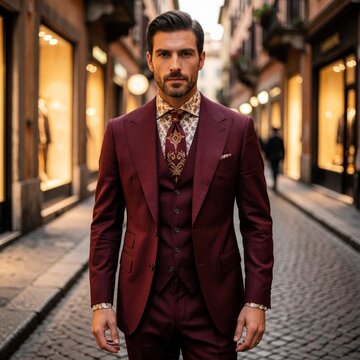 Handsome stylish man wears burgundy three piece suit with patterned shirt, tie. Confident businessman walks on narrow European city street near luxury boutiques. Elegant male model poses in formal