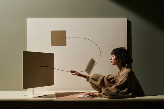 Floating node card hovering above a matte monitor screen, a woman using a trackpad in a bright room for a workflow automation mockup and banner