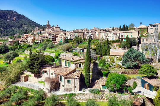Valldemossa village on Mallorca island panorama with church summer holiday at Serra de Tramuntana in Spain