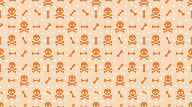 Seamless pattern featuring cute orange skulls and bones on a soft beige dotted wallpaper background