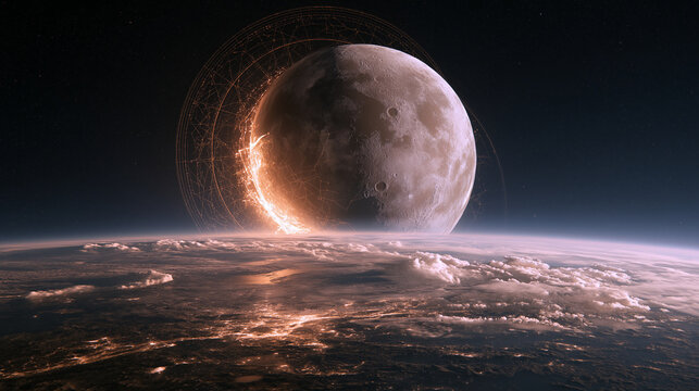 Mid-Autumn cognition enlightenment concept, ancient moon crack revealing rational scientific light, constellation counting rod halo rising, divinity to human knowledge, cultural evolution education po