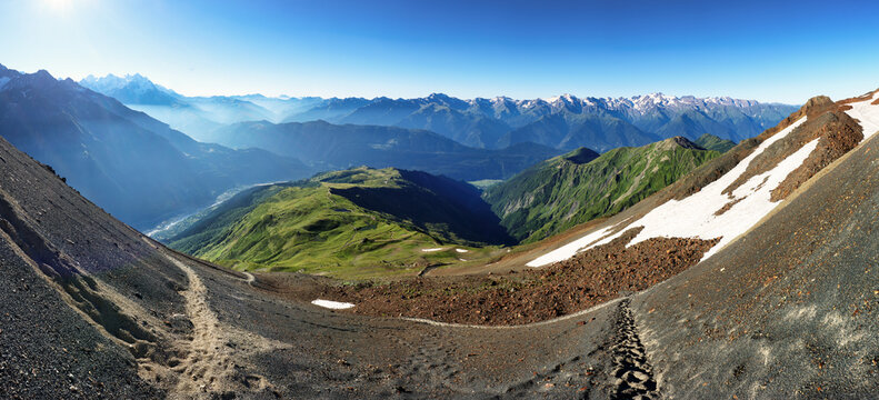Panorama from Koruldi peak to valley with Mestia - Mountain landscape of Saucasus