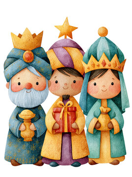 Three wise men cartoon christmas nativity illustration watercolor three kings cute magi character christmas card design festive holiday art