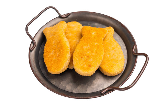 Fish fingers or fish sticks on steel tray isolated on white background. top view