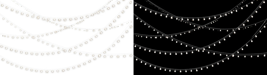 Hanging fairy string lights on transparent and black backgrounds. Warm white glowing garland decoration. Festive holiday vector overlay © ALEXA