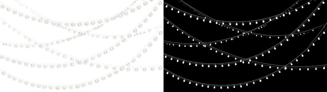 Hanging fairy string lights on transparent and black backgrounds. Warm white glowing garland decoration. Festive holiday vector overlay