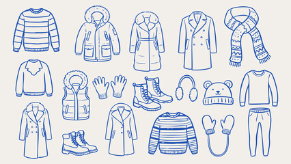 Hand drawn winter clothing doodle set, cold weather fashion illustration bundle with warm coats, sweaters, parka coat, puffer vest, wool scarf, mittens, beanie hat and boots © CreativeVerse
