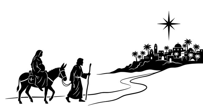 Journey to Bethlehem with Winding Road, Pregnant Mary Riding Donkey with Joseph to Bethlehem, Luke 2 Nativity Story Biblical Vector Silhouette