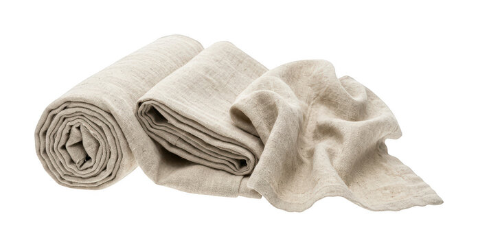 Ecru linen fabric roll and folded cloth isolated on transparent png for home decor layout
