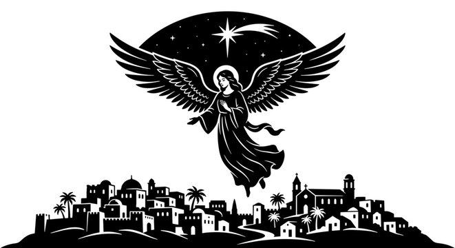 Guardian Angel Hovering Over Bethlehem, Christmas Angel with Halo and Star of Bethlehem, Luke 2 Nativity Vector Silhouette