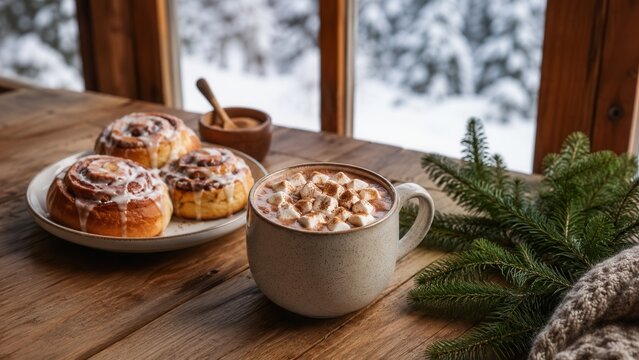Cozy winter breakfast with hot chocolate marshmallows and cinnamon rolls by snowy window