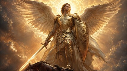 Obraz premium Archangel Michael in golden armor with sword and shield standing victorious in heavenly divine light