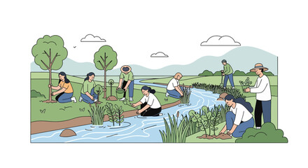 Fototapeta premium Environmentalists Planting Trees and Replanting Vegetation by a Stream