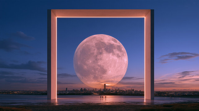 Mid-Autumn intangible heritage light concept, full moon framed in minimalist glowing frame, intangible cultural heritage label, moonlight illuminating modern city silhouette, tradition protection cont
