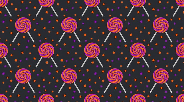 Vibrant halloween spiral lollipops arranged in seamless pattern with small orange and purple scattered stars