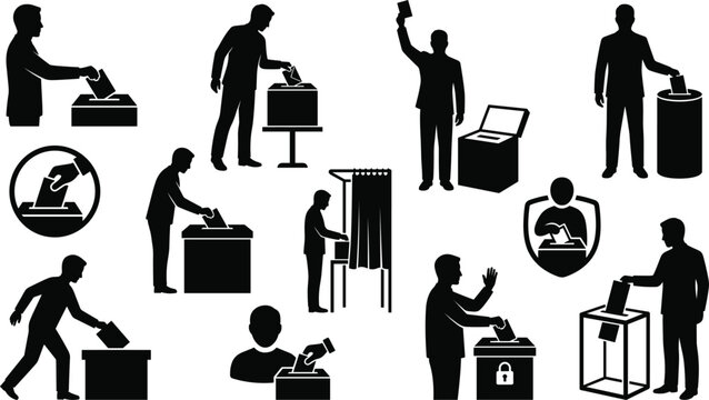 Voting and election participation silhouette icon collection featuring voters casting ballots, ballot boxes, polling booths, election workers, voting stations and civic participation scenes