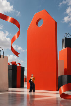 Woman standing beside giant red price tag in shopping space. Concept of visible discounts, dynamic pricing, promotional labels, and clear value communication in online retail.