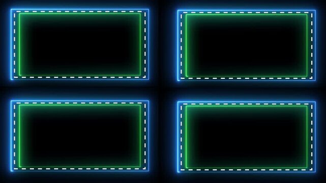 Neon glowing frames with blue and green light borders rotating around four rectangular blocks for graphics.