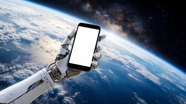 Cyborg arm presenting blank smartphone screen against planet Earth and starry sky