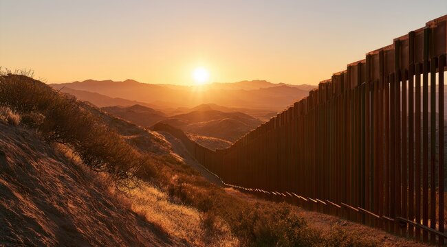 Desert border wall at sunset, casting long shadows over rugged, sunlit terrain