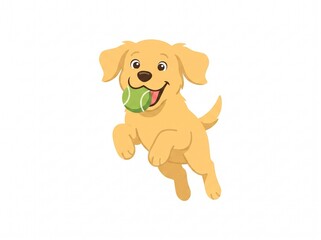 Obraz premium Cute Cartoon Golden Retriever Puppy Jumping With Tennis Ball on White Background, Playful Kawaii Dog Illustration