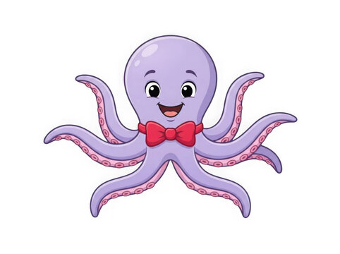 Friendly purple octopus with red bow tie isolated on white