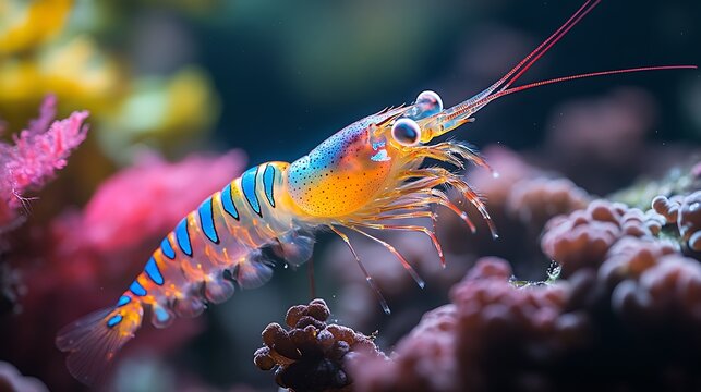 Multicolored shrimp in aquarium