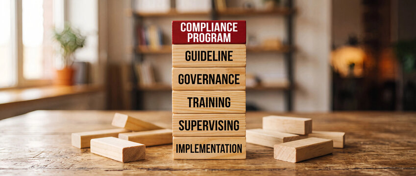 Compliance program governance and training text on stacked wooden blocks
