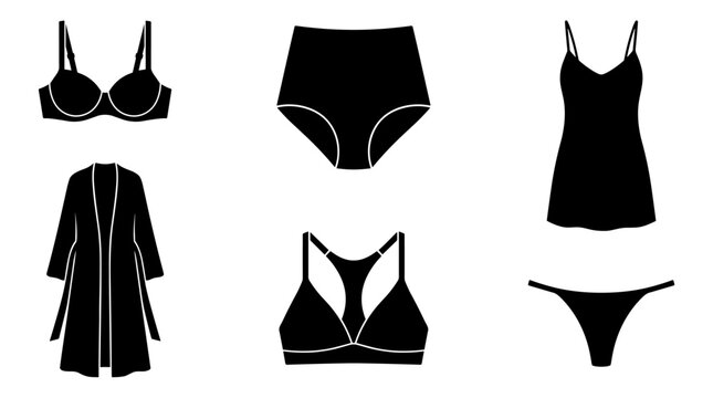 Set of black silhouette lingerie and loungewear icons, bra, panties, nightgown, robe, underwear collection for fashion retail, style catalogue