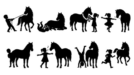 Fototapeta premium Set of silhouettes of children playing with horses, various action poses, equestrian bonding and friendship, farm life leisure, childhood joy