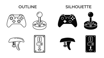 Video Game Controllers: A collection of iconic video game controllers presented in both outline and silhouette styles, showcasing classic and modern gaming input devices. © abidakhatun