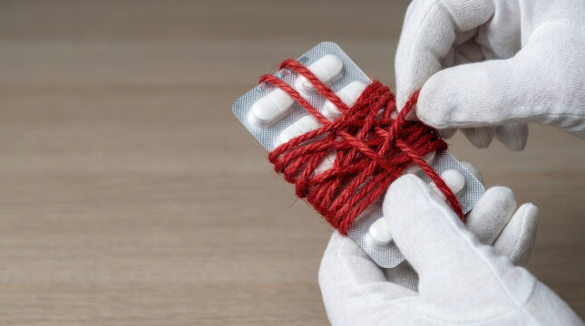 Pill blister hand glove red string healthcare innovation tied pill blister in white glove showing healthcare spending strain