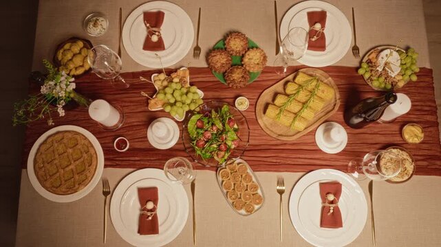 Festive dinner table displaying served dishes, baked food, Thanksgiving meals from high angle. Footage ideal for catering advertising, autumn restaurant promotions, seasonal holiday campaigns