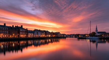 Fototapeta premium Vibrant sky paints waterfront town in fiery hues at dusk, reflecting in calm water