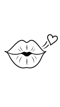 Line illustration of kissing lips with a small heart black and white body part line art affection illustration expression communication lipstick romantic valentines