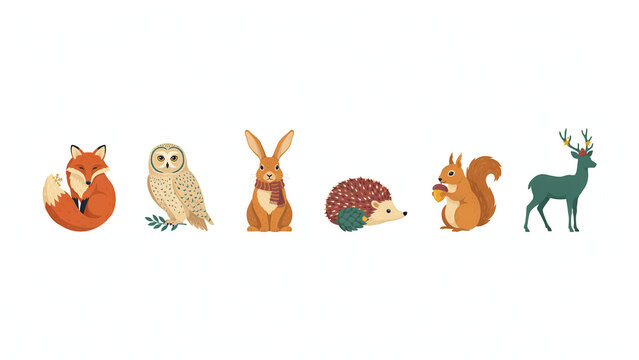 Premium flat vector Christmas forest animal set featuring a fox, owl, rabbit, hedgehog, squirrel, and deer.