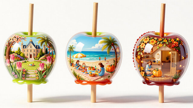 Creative apple diorama concept featuring beach and garden scenes