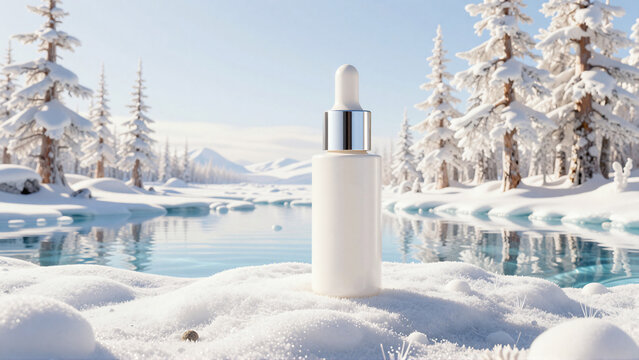 White Serum Dropper Bottle in Snowy Winter Landscape
