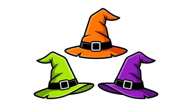 Three colorful witch hats in orange green and purple shades for festive halloween costume graphic design
