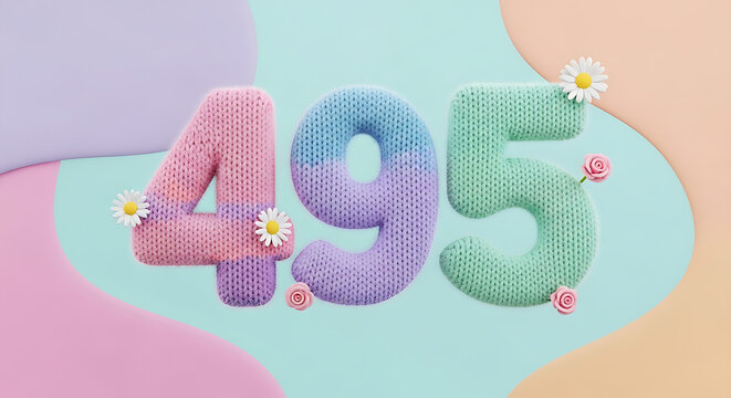 Pastel knitted numbers '495' adorned with small daisies and pink roses, floating on a soft, abstract background.