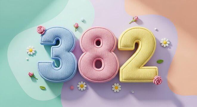 Soft blue, pink, and yellow knitted numbers '382' adorned with small roses and daisies on a pastel background.