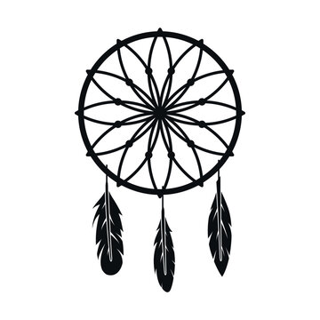 A stylized dreamcatcher with a round frame, a web-like design inside, and dangling feathers highlights tribal and cultural motifs.