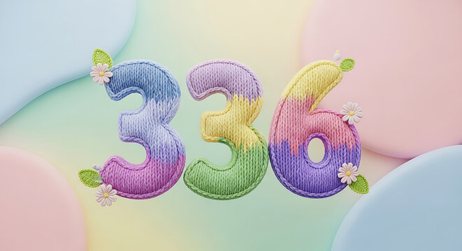 Charming knitted numbers '336' in pastel shades, decorated with tiny leaves and daisies on a soft, muted background.