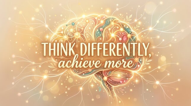 Think Differently Achieve More Inspirational Quote with Glowing Human Brain Illustration